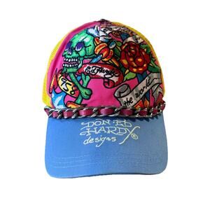 Ed Hardy for the World Hat Snap Back Blue Yellow Trucker Christian Audigier VTG